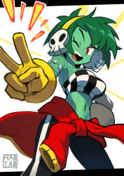 Rule 34 | 1girl, ;d, alternate costume, breasts, clothes around waist, colored skin, earrings, gloves, green hair, green skin, hairband, hata4564, highres, jacket, jacket around waist, jewelry, medium breasts, navel, one eye closed, open mouth, red eyes, rottytops, shantae (series), short hair, signature, skull earrings, smile, stitches, strapless, symbol-only commentary, tube top, v, yellow gloves, zombie