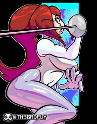 Rule 34 | 2022, alternate costume, alternate hairstyle, angry, artist name, black background, breasts, fencing, gloves, hair over one eye, highres, large breasts, medium breasts, official alternate costume, official alternate hairstyle, open mouth, outline, parasoul (skullgirls), pixel art, ponytail, rapier, red hair, shiny clothes, skullgirls, sword, teeth, th3gadfly, turtleneck, upper teeth only, weapon, white outline, wide hips