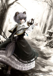Rule 34 | 1girl, adapted costume, animal ears, capelet, dress, dutch angle, embellished costume, female focus, forest, frills, gown, grey hair, light rays, mochinue, mouse (animal), mouse ears, mouse tail, nature, nazrin, red eyes, short hair, snow, solo, sunbeam, sunlight, tail, touhou, tree, walking, winter