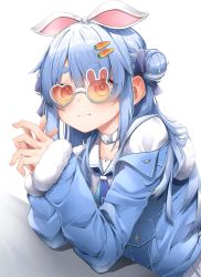 Rule 34 | 1girl, animal ears, blue hair, blue jacket, blue neckerchief, blush, carrot hair ornament, choker, double bun, dress, elbows on table, embarrassed, fingernails, food-themed hair ornament, fur-trimmed jacket, fur trim, hair bun, hair ornament, hairclip, heart, heart-shaped eyewear, highres, hololive, jacket, long hair, looking at viewer, multicolored hair, neckerchief, official alternate costume, open clothes, open jacket, orange-tinted eyewear, orange eyes, pepushi drow, rabbit-shaped eyewear, rabbit-shaped pupils, rabbit ears, rabbit girl, sailor collar, short dress, short eyebrows, solo, sunglasses, symbol-shaped pupils, thick eyebrows, tied ears, tinted eyewear, two-tone hair, two side up, usada pekora, usada pekora (casual), virtual youtuber, white choker, white dress, white hair, white sailor collar