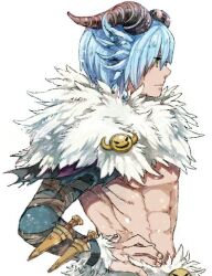 Rule 34 | 1boy, abs, blue eyes, blue hair, brown horns, closed mouth, commentary request, curled horns, dagger, expressionless, fur collar, hair between eyes, hand on own hip, horns, knife, looking afar, male focus, profile, ragnarok online, shadow chaser (ragnarok online), sheath, shrug (clothing), simple background, solo, tokio (okt0w0), upper body, weapon, white background