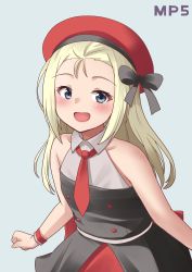 Rule 34 | 1girl, armpit crease, bare shoulders, black ribbon, blonde hair, blue eyes, blush, buttons, collarbone, collared shirt, double-breasted, forehead, girls&#039; frontline, grey background, highres, ki-51 (ampullaria), leaning forward, looking at viewer, medium hair, mp5 (girls&#039; frontline), necktie, open mouth, red headwear, red necktie, ribbon, shirt, simple background, sleeveless, sleeveless shirt, solo, tongue, white shirt, wristband