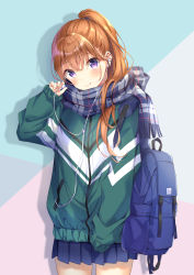 Rule 34 | 1girl, backpack, bad id, bad pixiv id, bag, blue scarf, blue skirt, blush, closed mouth, commentary request, cowboy shot, earphones, green jacket, hair between eyes, hand up, head tilt, higeneko, jacket, long hair, long sleeves, looking at viewer, miniskirt, orange hair, original, plaid, plaid scarf, pleated skirt, ponytail, purple eyes, revision, scarf, shadow, single earphone removed, skirt, sleeves past fingers, sleeves past wrists, smile, solo, standing