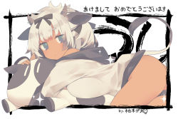 Rule 34 | 1girl, animal ears, artist name, black hair, blue eyes, breasts, chinese zodiac, closed mouth, cow ears, cow girl, cow horns, cow tail, dark-skinned female, dark skin, hair ribbon, holding, holding stuffed toy, horns, jacket, large breasts, long sleeves, looking at viewer, multicolored hair, original, ribbon, sparkle, stuffed animal, stuffed cow, stuffed toy, tail, white hair, white jacket, year of the ox, yuzuki gao