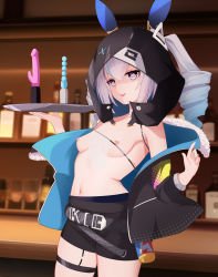 Rule 34 | 1girl, absurdres, bar (place), belt, black jacket, black shorts, blue hair, blurry, blurry background, bottle, breasts, bronya zaychik, bronya zaychik (haxxor bunny), cowboy shot, dildo, drill hair, fur-trimmed jacket, fur trim, gradient hair, grey eyes, grey hair, heart, heart-shaped pupils, highres, holding, holding tray, honkai (series), honkai impact 3rd, hood, hood up, indoors, jacket, long sleeves, looking at viewer, multicolored hair, navel, nipples, off shoulder, open mouth, sex toy, shorts, small breasts, smile, solo, steodg, symbol-shaped pupils, teeth, thigh strap, topless, tray, twin drills, twintails, upper teeth only