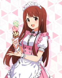 Rule 34 | 1girl, brown eyes, brown hair, food, ice cream, idolmaster, idolmaster million live!, idolmaster million live! theater days, maid, official art, solo, tanaka kotoha, waitress