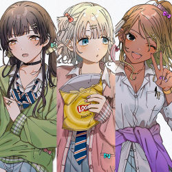 3girls, :o, absurdres, alternate costume, alternate hairstyle, black hair, blonde hair, blue eyes, blush, bow, bowtie, bracelet, breasts, brown eyes, brown hair, chips, choker, cleavage, clothes around waist, collarbone, collared shirt, curling iron, earrings, food, gradient hair, gyaru, hair bow, hair ornament, hairclip, highres, idolmaster, idolmaster shiny colors, iwawa, izumi mei, jewelry, kogal, large breasts, long hair, looking at viewer, loose bowtie, loose necktie, mayuzumi fuyuko, multicolored hair, multiple girls, nail polish, necklace, necktie, one eye closed, open mouth, pen, pen in pocket, ponytail, potato chips, ring, scrunchie, serizawa asahi, shirt, short hair, short sidetail, silver hair, simple background, smile, straylight (idolmaster), sweater, sweater around waist, tan, twintails, untucked shirt, v, white background