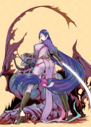 Rule 34 | 1girl, absurdly long hair, ass, breasts, demon, fate/grand order, fate (series), fingerless gloves, gloves, highres, katana, large breasts, long hair, looking at viewer, looking back, low-tied long hair, minamoto no raikou (fate), monster, ponytail, purple eyes, purple hair, simple background, solo, sword, thighs, utu (ldnsft), very long hair, weapon, yellow background