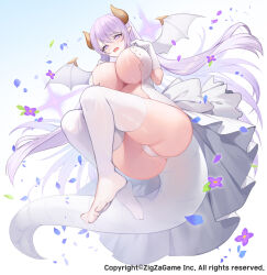 Rule 34 | 1girl, apple caramel, ass, back bow, blush, bow, breasts, bridalith, cameltoe, cleavage, cleft of venus, commentary request, copyright name, crotch, curvy, dragon girl, dragon horns, dragon tail, dress, elbow gloves, falling petals, feet, flower, frilled dress, frills, from below, full body, gloves, gradient background, hands up, highres, horns, huge breasts, lace, lace-trimmed dress, lace trim, large tail, legs, long hair, midair, mini wings, neomonsters, no shoes, official art, open mouth, petals, pink eyes, pink hair, plunging neckline, pointy ears, purple flower, revealing clothes, solo, tail, thighhighs, thighs, toes, very long hair, wavy mouth, wedding dress, white dress, white gloves, white tail, white thighhighs, white wings, wings