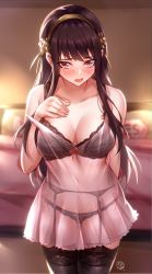 Rule 34 | 1girl, absurdres, artist logo, bare shoulders, black bra, black panties, black thighhighs, blurry, blurry background, blush, bra, breasts, brown hair, collarbone, commentary request, cowboy shot, garter belt, garter straps, green hairband, hairband, hand up, hands on own breasts, highres, hua-j, indoors, long hair, looking at viewer, medium breasts, off shoulder, open mouth, panties, red eyes, see-through, solo, spy x family, standing, thighhighs, underwear, yes, yes-no pillow, yor briar