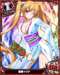Rule 34 | 1girl, blush, breasts, card (medium), chess piece, cleavage, female focus, high school dxd, japanese clothes, large breasts, long hair, looking at viewer, new year, official art, orange hair, purple eyes, rook (chess), shidou irina, smile, twintails, wink