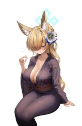 Rule 34 | 1girl, absurdres, animal ears, blonde hair, blue archive, blue halo, blush, breasts, can, cleavage, floral print, flower, hair flower, hair ornament, halo, highres, japanese clothes, kanna (blue archive), kimono, large breasts, momoriko, print kimono, simple background, sitting, solo, thighs, white background, yukata