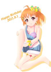 Rule 34 | 1girl, :o, a chika-tastic summer (love live!), alternate hairstyle, antenna hair, aqua nails, artist request, bare legs, bare shoulders, bikini, bikini under clothes, blue pants, blue shorts, blush, bow, bracelet, braid, breasts, bridal garter, cleavage, clothes writing, collarbone, dated, earrings, female focus, food-themed hair ornament, full body, hair bow, hair ornament, hairclip, halterneck, hand on own knee, heart (symbol), holding, jewelry, looking at viewer, love live!, love live! school idol festival, love live! school idol festival all stars, love live! sunshine!!, medium hair, nail, nail polish, off-shoulder shirt, off shoulder, open fly, orange bow, orange hair, orange hair ornament, orange nails, pants, parted bangs, parted lips, pearl bracelet, pink bikini, polka dot, polka dot bow, ponytail, red eyes, ribbon, see-through, see-through shirt, see-through sleeves, shirt, short hair, short sleeves, shorts, side braid, side ponytail, single braid, sitting, small breasts, smile, solo, strap slip, striped bikini, striped bow, striped clothes, striped pants, striped shorts, striped tank top, suspenders, suspenders hanging, swimsuit, takami chika, tank top, thighlet, toenail polish, toenails, triangle hair ornament, two-tone bikini, vertical-striped clothes, vertical-striped shorts, white background, wrist bow, yellow bow, yellow ribbon