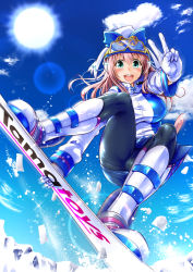 Rule 34 | 1girl, blush, boots, breasts, cameltoe, cat tail, cosplay, ganari ryuu, gloves, goggles, goggles on head, hat, hatsune miku, headset, highres, jacket, large breasts, long hair, looking at viewer, open mouth, pantyhose, pink hair, smile, snow, snowboard, snowboarding, solo, super tama musume, tail, tamatoys, v, vocaloid, white footwear, yuki miku, yuki miku (cosplay)