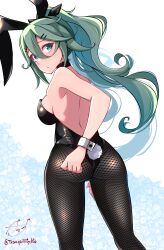 Rule 34 | 1girl, absurdres, alternate costume, animal ears, aqua eyes, artist name, baileys (tranquillity650), black leotard, black pantyhose, breasts, closed mouth, fake animal ears, fake tail, feet out of frame, fishnet pantyhose, fishnets, green hair, hair between eyes, highres, kantai collection, leotard, long hair, looking back, medium breasts, pantyhose, ponytail, rabbit ears, rabbit tail, signature, solo, strapless, strapless leotard, tail, twitter username, wrist cuffs, yamakaze (kancolle)