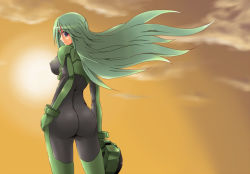 Rule 34 | 1girl, armored core, ass, bodysuit, from software, green hair, hand on own hip, long hair, may greenfield, ment, merrygate, skin tight, sky, solo, sunset
