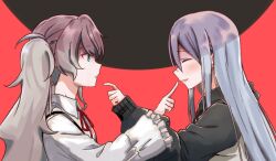 Rule 34 | 25-ji miku, 2girls, black background, black jacket, blue eyes, blue hair, blush, commentary, expressionless, facing another, facing to the side, finger to another&#039;s mouth, finger to mouth, freezing sekai, frilled sleeves, frills, from side, grey hair, hair behind ear, happy, hatsune miku, highres, identity (vocaloid), jacket, light blue hair, long bangs, long hair, long sleeves, looking at another, looking to the side, multiple girls, open mouth, parted bangs, profile, project sekai, red background, red ribbon, ribbon, shirt, short hair, sleeve cuffs, smile, straight hair, suspenders, twintails, two-tone background, upper body, vocaloid, white shirt, yoisaki kanade
