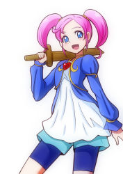 Rule 34 | 1girl, :d, aged down, bakusai, bike shorts, bike shorts under skirt, blue jacket, blue legwear, blush, brooch, choker, dokidoki! precure, eyelashes, hair ornament, happy, heart, heart brooch, jacket, jewelry, looking at viewer, marie ange, open mouth, pink hair, precure, shirt, short hair, shorts, shorts under skirt, simple background, skirt, smile, solo, standing, sword, twintails, weapon, white background, wooden sword