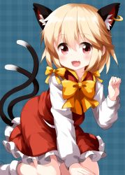 Rule 34 | 1girl, animal ear fluff, animal ears, black tail, blonde hair, bow, bowtie, cat ears, cat tail, chen, chen (cosplay), clenched hand, collarbone, cosplay, earrings, fang, hair between eyes, hand on ground, highres, jewelry, long sleeves, looking at viewer, medium hair, multiple tails, open mouth, plaid, plaid background, red eyes, rumia, ruu (tksymkw), seiza, single earring, sitting, skin fang, smile, solo, tail, touhou, two tails, white legwear, yellow bow, yellow bowtie