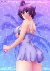 Rule 34 | 1girl, :3, absurdres, ass, blue background, blush, breasts, dress, from behind, game cartridge, green eyes, grid, grid background, highres, holding, large breasts, looking at viewer, looking back, palm tree, purple background, purple dress, purple hair, short hair, sleeveless, sleeveless dress, smile, standing, tree, two-tone background, vaporwave, yukino akaihi, yukino memories, zel-sama