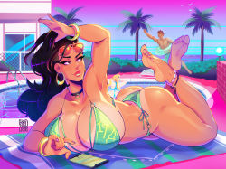 Rule 34 | 1boy, 2girls, alternate breast size, ass, asymmetrical hair, bangle, barefoot, bikini, bikini tan, black hair, blonde hair, bracelet, breasts, brother and sister, brown eyes, capcom, cellphone, choker, cleavage, commentary, cornrows, crossed ankles, dark-skinned female, dark-skinned male, dark skin, earrings, english commentary, eyewear on head, feet up, fingernails, full body, grand-sage, green bikini, highres, hoop earrings, horizon, huge breasts, jewelry, laura matsuda, legs up, lipstick, long hair, looking at another, looking back, lying, makeup, making-of available, multiple girls, muscular, muscular male, nail polish, o-ring, o-ring bikini, on back, on stomach, partially submerged, phone, pink nails, pinup (style), pool, poolside, rainbow mika, red lips, sean matsuda, siblings, side-tie bikini bottom, smartphone, soles, solo focus, street fighter, street fighter v, swimsuit, tan, tanline, the pose, thighs, thong bikini, toenail polish, toenails, toes, twintails, vaporwave