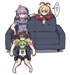 Rule 34 | 4girls, ahoge, alternate costume, antenna hair, barefoot, beads, black pants, black shorts, blade, blonde hair, brown hair, casual, closed mouth, commentary request, controller, couch, datemegane, expressionless, green eyes, green hair, green sleeves, grey shirt, hair beads, hair ornament, headgear, holding, holding remote control, jitome, leaning on object, legs on another&#039;s shoulders, long sleeves, looking ahead, looking at another, multiple girls, on couch, on floor, open mouth, pants, print shirt, purple eyes, purple hair, raglan sleeves, raised eyebrows, reclining, red eyes, red sweater, remote control, shirt, short hair with long locks, short shorts, short twintails, shorts, sitting, sitting between lap, smile, sweatdrop, sweater, thought bubble, touhoku kiritan, translation request, tsurumaki maki, twintails, vocaloid, voiceroid, voicevox, watching television, yellow eyes, yuzuki yukari, zundamon