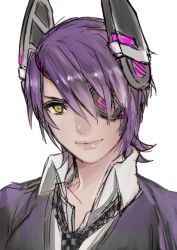 Rule 34 | 10s, 1girl, bad id, bad pixiv id, blouse, breasts, eyepatch, gloves, headgear, hoshino (cona), kantai collection, necktie, open mouth, purple hair, school uniform, shirt, short hair, simple background, smile, solo, sweater, tenryuu (kancolle), yellow eyes