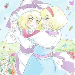 Rule 34 | 2girls, alice margatroid, blonde hair, blue dress, blush, blush stickers, capelet, dancing, dress, closed eyes, female focus, field, flower, flower field, holding hands, happy, hat, interlocked fingers, kirisame marisa, lowres, multiple girls, oisin, open mouth, petals, short hair, smile, torso grab, touhou, witch, witch hat, yellow eyes, yuri