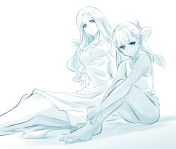 Rule 34 | 2girls, ancient greek clothes, aqua theme, bare shoulders, chuchumy (ishiyumi), commentary, constricted pupils, diadem, empty eyes, feet out of frame, fins, fish girl, full body, g-spring goddess (ishiyumi), greco-roman clothes, head fins, highres, ishiyumi, jitome, long hair, looking at viewer, medium hair, monochrome, multiple girls, original, peplos, ponytail, roman clothes, sitting, sleeveless, wavy hair