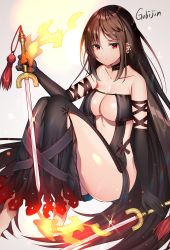 Rule 34 | 1girl, aozora nan, bare shoulders, barefoot, black dress, black gloves, blush, breasts, brown hair, cleavage, collarbone, commentary request, dress, ear piercing, earrings, elbow gloves, fate/grand order, fate (series), fire, gloves, hair between eyes, hand up, highres, holding, holding sword, holding weapon, jewelry, large breasts, long hair, looking at viewer, piercing, red eyes, revealing clothes, ribbon-trimmed dress, signature, sitting, solo, strapless, strapless dress, sword, torn clothes, torn dress, very long hair, weapon, yu mei-ren (fate)