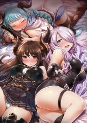 Rule 34 | 10s, 3girls, :d, aqua hair, bare shoulders, belt, blue eyes, blush, boots, bottle, braid, breasts, brown eyes, brown hair, cleavage, draph, drooling, drunk, closed eyes, fingerless gloves, forte (shingeki no bahamut), full-face blush, gloves, granblue fantasy, hair over one eye, highres, holding, holding bottle, horns, jpeg artifacts, large breasts, light purple hair, long hair, looking at viewer, lying, multiple girls, narmaya (granblue fantasy), no shoes, on back, on side, open mouth, panties, pantyshot, pleated skirt, pointy ears, rumredda, skirt, smile, sweatdrop, thick thighs, thigh boots, thigh strap, thighhighs, thighs, torn clothes, torn legwear, twin braids, underwear, very long hair, wavy mouth, wine bottle, zanzi