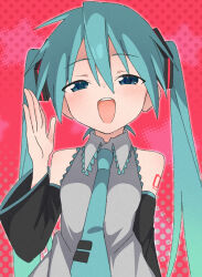 Rule 34 | 1girl, blue eyes, blue hair, blush, collared shirt, commentary, detached sleeves, dress, hair ornament, hand up, hatsune miku, highres, long hair, long sleeves, looking at viewer, necktie, open mouth, pink background, sechin, shirt, sleeveless, sleeveless dress, smile, solo, twintails, vocaloid