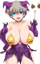 Rule 34 | 1girl, absurdres, bare shoulders, blue eyes, breastless clothes, breasts, collarbone, dress, fang, female focus, grey hair, halloween, hand on own hip, hat, highres, holding, holding wand, huge breasts, jack-o&#039;-lantern, looking at viewer, microdress, no bra, no panties, open mouth, pasties, purple dress, shiny skin, short hair, skindentation, smile, solo, standing, strapless, thick thighs, thighs, tsukasawa takamatsu, uzaki-chan wa asobitai!, uzaki hana, wand, white background, wide hips, witch hat