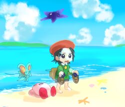 Rule 34 | 1girl, adeleine, animal ears, barefoot, beach, black hair, blue sky, blush stickers, cloud, colored skin, commentary request, elfilin, kirby, kirby (series), kirby and the forgotten land, lying, mouse ears, nintendo, notched ear, ocean, pink skin, portal (object), rasu (pixiv9799832), shoes, sky, standing, unworn shoes, wavy mouth