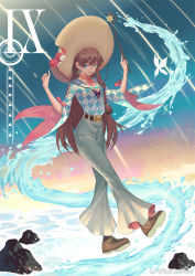 Rule 34 | 1girl, aqua eyes, artist request, bell-bottoms, belt, blouse, braid, breasts, brown footwear, brown hair, brown hat, checkered clothes, checkered shirt, cleavage, denim, earrings, flower, full body, hands up, hat, hat flower, highres, holding, holding wand, hydrokinesis, jeans, jewelry, leg up, lingerie, long hair, long sleeves, looking at viewer, mole, mole under eye, open clothes, open mouth, open shirt, original, outdoors, pants, pink ribbon, red flower, red rose, ribbon, rock, rose, shirt, shirt tucked in, side braid, single earring, small breasts, solo, standing, standing on one leg, underwear, unmoving pattern, very long hair, wand, water, water drop, white flower, white rose, wide sleeves