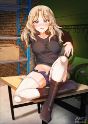 Rule 34 | 1girl, 3d background, arm support, blue eyes, blush, boots, breasts, brown footwear, clothes lift, cutoffs, denim, denim shorts, girls und panzer, highres, kay (girls und panzer), knee boots, long hair, m4 sherman, megadeko, military, military vehicle, motor vehicle, navel, nose blush, open fly, open mouth, outstretched hand, shirt, shirt lift, shorts, sitting, sitting on table, smile, solo, tank, teeth, thighhighs, thighs, tight clothes, tight shirt, twitter username, white thighhighs
