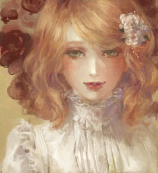 Rule 34 | 1girl, as (ashes), blonde hair, blush, collared shirt, flower, frills, green eyes, hair flower, hair ornament, original, parted lips, red lips, solo, wavy hair