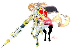 Rule 34 | 1girl, android, armor, barding, blonde hair, blunt bangs, breasts, cape, centaur, centaur knight, closed mouth, collarbone, commentary request, dated, full armor, full body, fur-trimmed cape, fur trim, grey cape, groin, highres, holding, holding lance, holding polearm, holding shield, holding weapon, horse tail, joints, knight, lance, long hair, looking to the side, multiple legs, original, polearm, red eyes, robot joints, shield, shin guards, shoulder armor, sidelocks, signature, simple background, solo, standing, standing on three legs, tail, taur, thick eyebrows, weapon, white armor, white background, zippedsquire