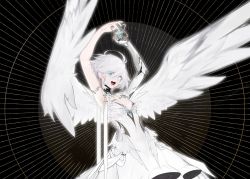 Rule 34 | 1girl, absurdres, ahoge, angel wings, black background, blue eyes, breasts, chaomian buyao mian, crystal, dress, eyes visible through hair, fangs, feathered wings, heterochromia, highres, looking at viewer, open mouth, original, prosthesis, prosthetic arm, short hair, small breasts, solo, white dress, white eyes, white hair, wings