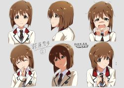 Rule 34 | ^ ^, absurdres, artist name, blazer, bob cut, brown hair, character sheet, closed eyes, crying, dated, expressions, grey background, hagiwara yukiho, highres, idolmaster, idolmaster (classic), idolmaster million live!, index fingers together, jacket, messy hair, necktie, profile, shaded face, short hair, signature, simple background, smile, striped necktie, sweatdrop, takatsuki p, uniform series (idolmaster), upper body