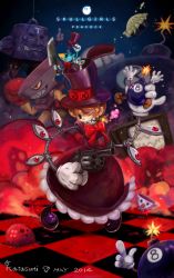 Rule 34 | 1girl, 5boys, andy anvil, arm hair, avery (skullgirls), beak, bird, bow, boxing gloves, character name, cigar, colored sclera, cup, dress, explosion, food, fuse, george the bomb, gloves, grin, gun, handgun, hat, knife, lenny the bomb, mechanical arms, multiple boys, muscular, one eye closed, orange hair, peacock (skullgirls), pie, red eyes, revolver, ribbon, sharp teeth, short hair, skullgirls, smile, smoke, static, teacup, teeth, television, tommy ten-tons, top hat, weapon, wink, yellow sclera, yoinews1023