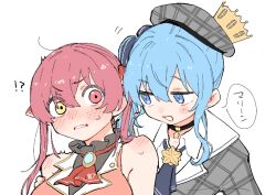 Rule 34 | !?, 2girls, ascot, blue eyes, blue hair, blush, choker, collar, commentary, embarrassed, english commentary, flirting, grey headwear, grey jacket, half-closed eyes, hand on another&#039;s shoulder, heterochromia, hololive, hoshimachi suisei, hoshimachi suisei (1st costume), houshou marine, houshou marine (1st costume), jacket, light blue hair, multiple girls, ohagi 0909, plaid headwear, red ascot, red eyes, red hair, shoulder blush, simple background, speech bubble, star (symbol), star choker, translated, virtual youtuber, white background, white collar, yellow eyes, yuri