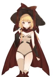Rule 34 | 1girl, asymmetrical legwear, black hat, blonde hair, blush, boots, breasts, brown eyes, brown ribbon, brown thighhighs, cleavage, cloak, detached sleeves, hand up, hat, leotard, long hair, looking at viewer, low twintails, lpip, medium breasts, mismatched legwear, open mouth, original, over-kneehighs, ribbon, simple background, smile, solo, thighhighs, twintails, white background, witch hat