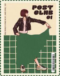 Rule 34 | 1girl, barcode, black jacket, blending, brown hair, english text, full body, green skirt, hand on own hip, highres, holding, holding clothes, holding skirt, jacket, leather, leather jacket, long skirt, long sleeves, original, postage stamp, profile, shirt, shoes, short hair, signature, skirt, solo, standing, syooooyoooo, white shirt