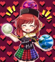 Rule 34 | 1girl, blush, chain, closed eyes, clothes writing, collar, earth (planet), hat, heart, heart background, hecatia lapislazuli, moon, multicolored clothes, multicolored skirt, off shoulder, open mouth, planet, pote (ptkan), red hair, shirt, skirt, smile, solo, touhou
