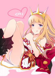 Rule 34 | 10s, 1girl, :p, ass, bad id, bad pixiv id, bare legs, blonde hair, blunt bangs, blush, bow, cagliostro (granblue fantasy), capelet, chikotamu (shiro), clothes pull, collarbone, colored shadow, dress, flat chest, granblue fantasy, hairband, heart, highres, long hair, looking away, off-shoulder dress, off shoulder, panties, pink background, pink panties, purple eyes, red bow, red ribbon, ribbon, ribbon trim, shadow, short dress, side-tie panties, simple background, skirt, skirt pull, solo, spiked hairband, spikes, tongue, tongue out, underwear