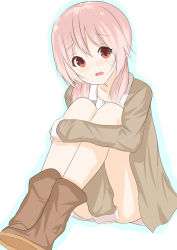 Rule 34 | 1girl, bad id, bad pixiv id, boots, coat, covering privates, covering crotch, highres, hugging own legs, legs together, long hair, low twintails, morinaoekaki, open clothes, open coat, pink hair, red eyes, simple background, sitting, solo, twintails, yoshikawa tomoko, yuru yuri
