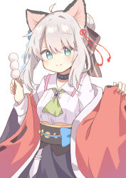 1girl absurdres animal_ears arknights black_bow blue_eyes blush bow breasts cat_ears cat_girl closed_mouth collar collared_shirt dango food grey_hair hair_between_eyes hair_bow hair_bun hands_up highres holding holding_food infection_monitor_(arknights) long_sleeves looking_at_viewer mint_(arknights) mint_(tsukiyoi)_(arknights) off_shoulder official_alternate_costume open_clothes pinching_sleeves puffy_long_sleeves puffy_sleeves ryoku_sui shirt simple_background small_breasts smile solo striped_bow wagashi white_background white_shirt wide_sleeves