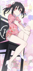 Rule 34 | 1girl, absurdres, black hair, blush, china dress, chinese clothes, commentary request, double bun, dress, floral background, floral print, hair bun, high heels, highres, hugging own legs, looking at viewer, love live!, love live! school idol festival, on chair, red eyes, side slit, smile, twintails, white footwear, yazawa nico, zero-theme