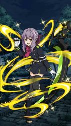 Rule 34 | 10s, 1girl, :d, black dress, black thighhighs, bow, brown eyes, dress, gloves, hair bow, highres, hiiragi shinoa, holding, holding weapon, leg up, long hair, looking at viewer, military, military uniform, necktie, night, open mouth, outdoors, owari no seraph, pleated dress, purple bow, purple hair, red necktie, scythe, short dress, short necktie, smile, solo, standing, standing on one leg, thighhighs, uniform, weapon, white gloves, zettai ryouiki